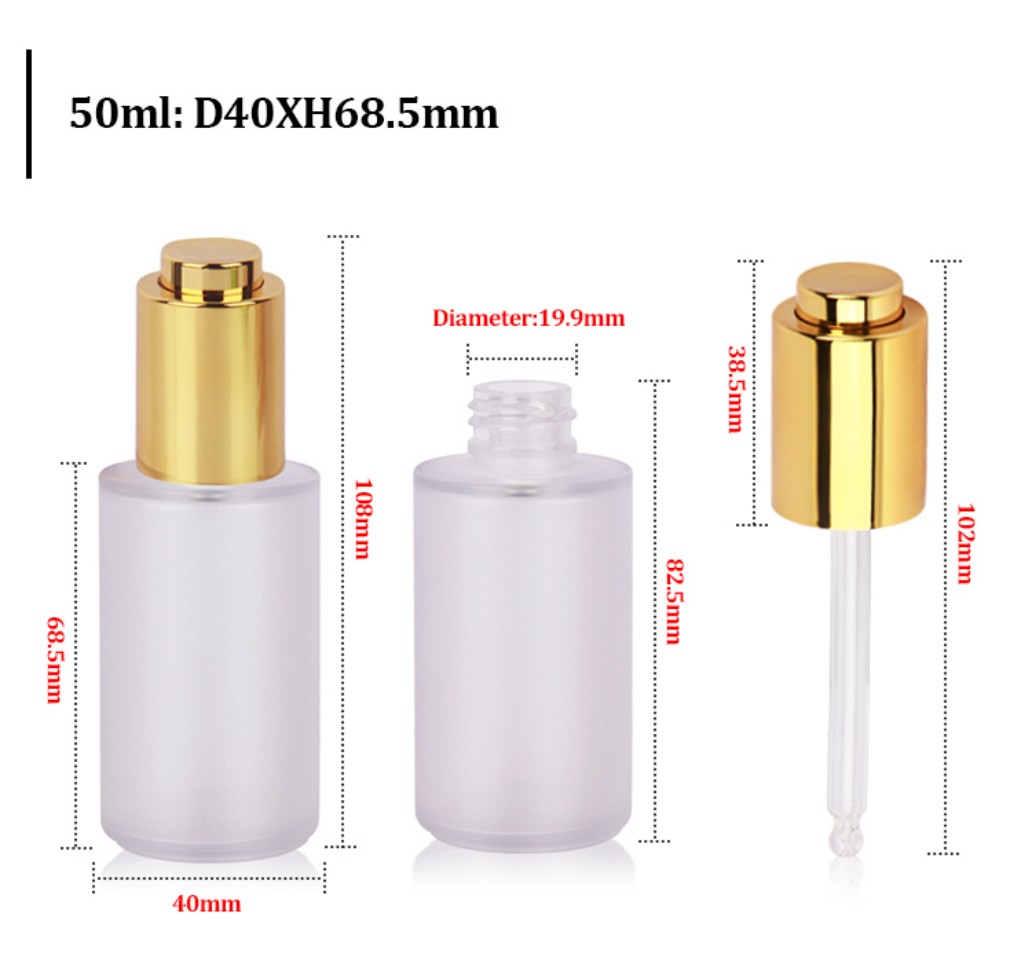 50ml D40mm Frosted PET Serum Dropper Bottle with Gold Cap Full Dimension Specification 50ml D40mm Frosted PET Serum Dropper Bottle with Gold Cap Full Dimension Specification