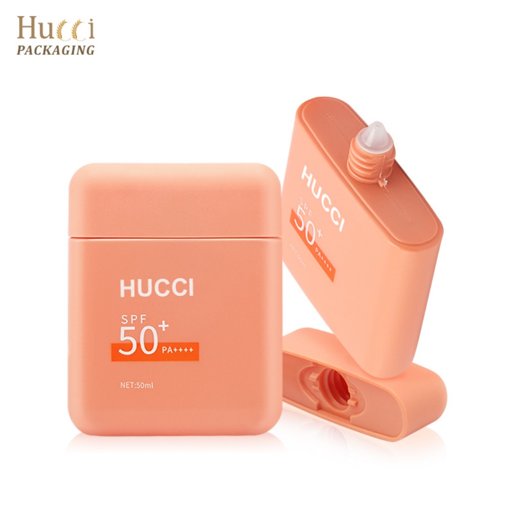 HUCCI 50ml Peach Square Sunscreen Cream Bottle Closed & Opened Nozzle Display White Background