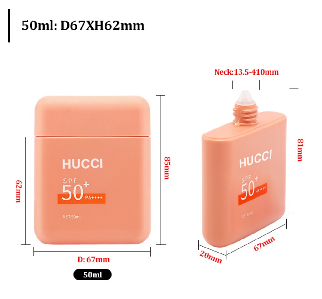 50ml D67mm Peach PE Square Sunscreen Cream Bottle Front & Side Dimension Specification 50ml D67mm Peach PE Square Sunscreen Cream Bottle Front & Side Dimension Specification