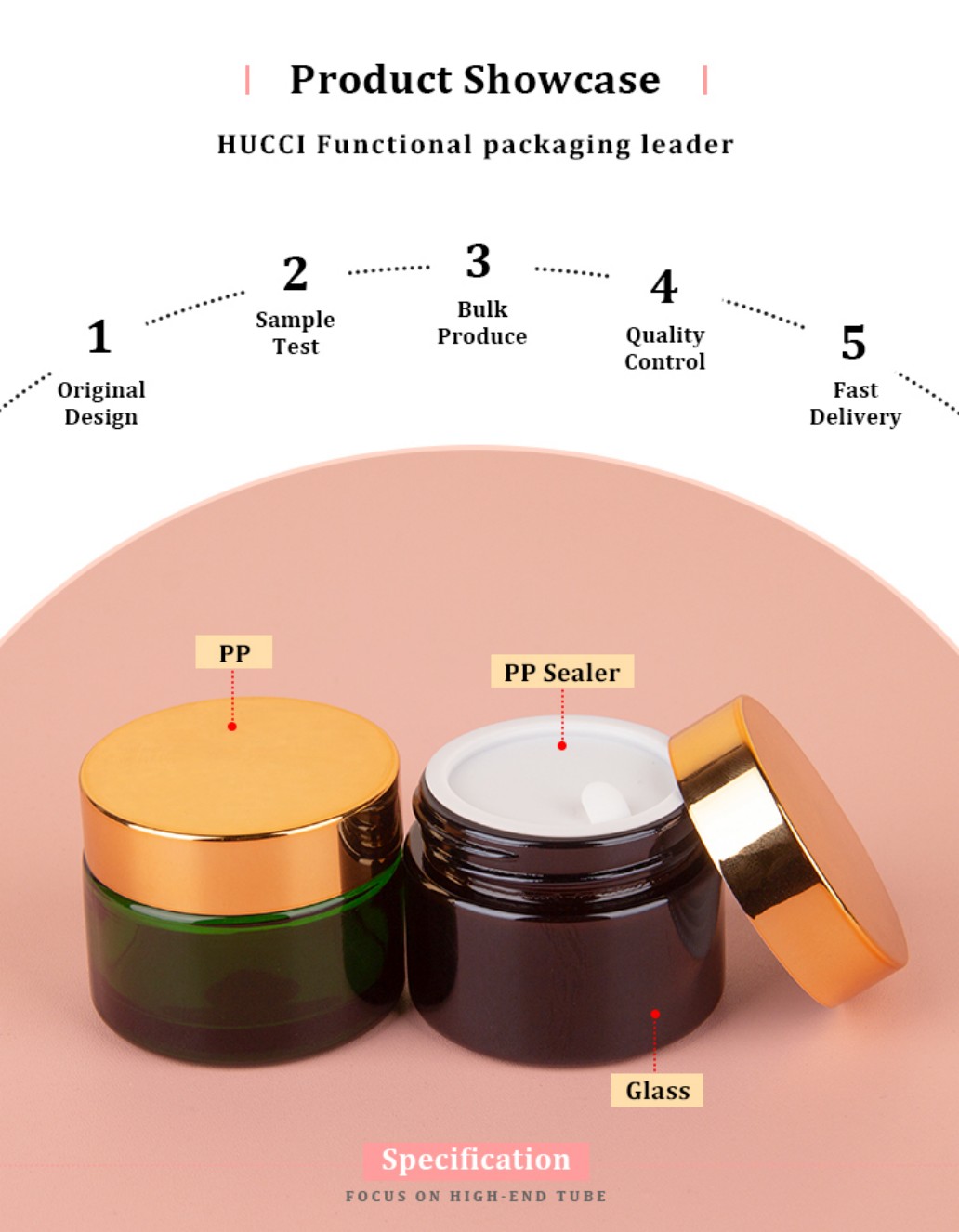 HUCCI 50ml Glass Face Cream Jar with PP Gold Cap & PP Sealer OEM Manufacturing Process Specification