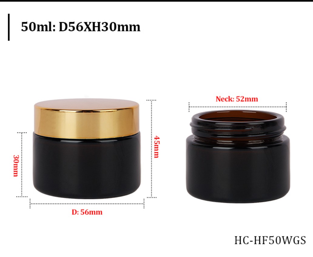 50ml D56mm Amber Glass Face Cream Jar with Gold Cap Dimension Specification HC-HF50WGS