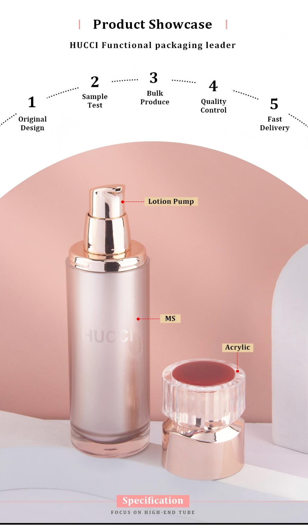 HUCCI 60ml Rose Gold Luxury Lotion Pump Bottle MS Body Acrylic Cap OEM Manufacturing Process Specification HUCCI 60ml Rose Gold Luxury Lotion Pump Bottle MS Body Acrylic Cap OEM Manufacturing Process Specification