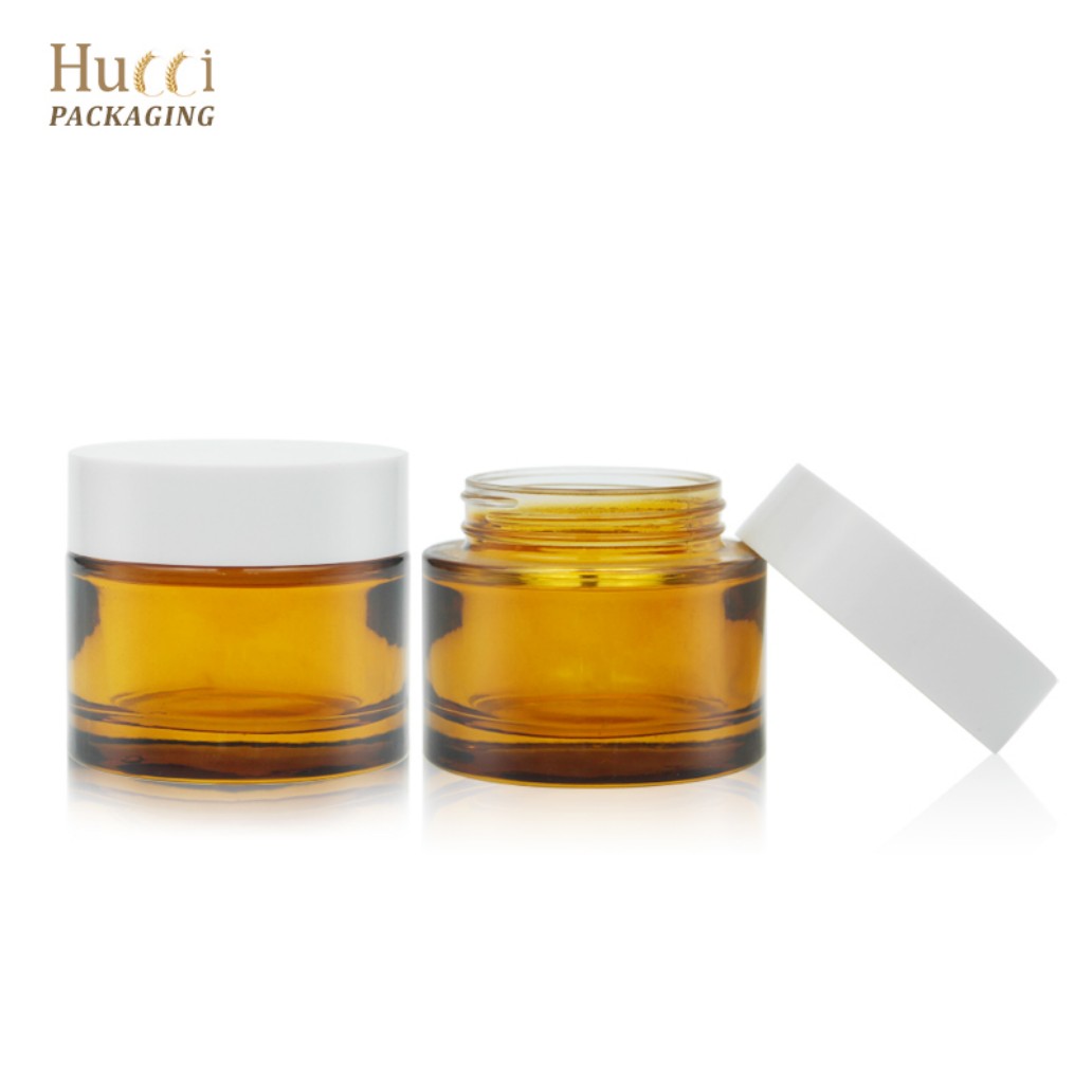 HUCCI 70g Amber Glass Cream Jars Closed & Opened with White PP Caps White Background