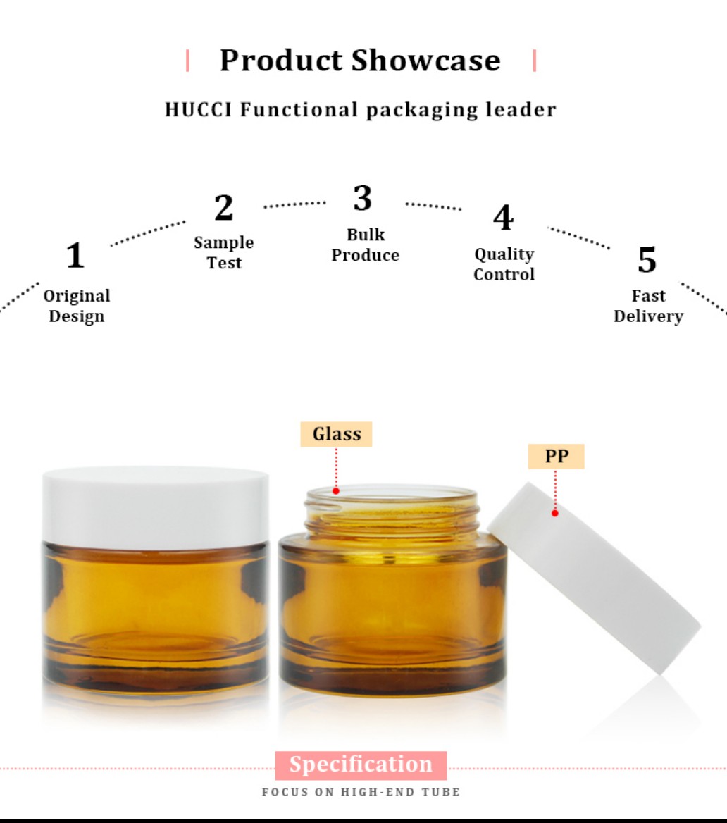HUCCI 70g Amber Glass Cream Jar with White PP Cap OEM Manufacturing Process Specification