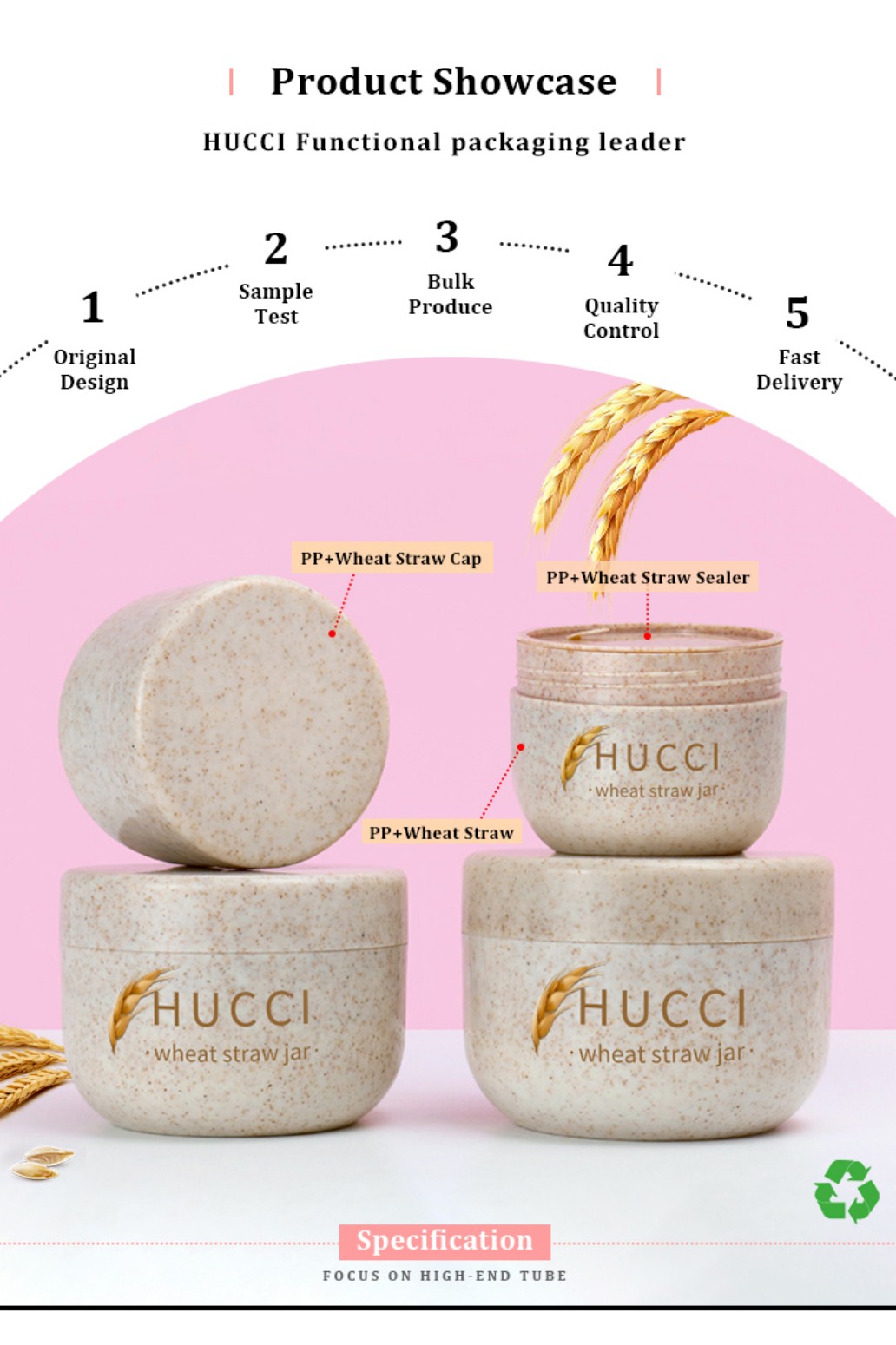 HUCCI Eco Wheat Straw PP Cream Jars with Cap & Inner Sealer OEM Manufacturing Process Specification HUCCI Eco Wheat Straw PP Cream Jars with Cap & Inner Sealer OEM Manufacturing Process Specification