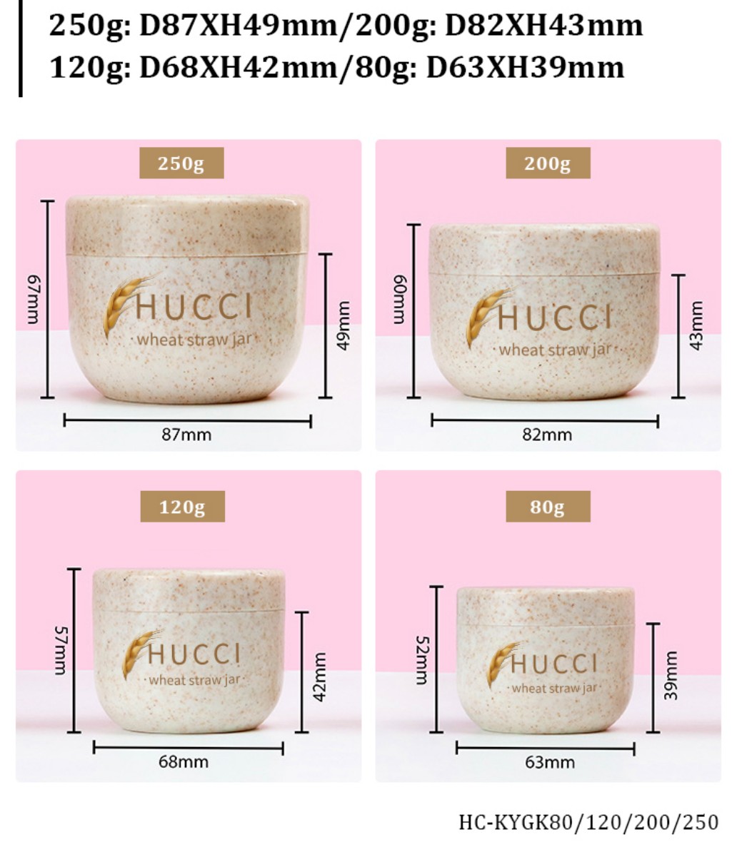 80g 120g 200g 250g Wheat Straw PP Cream Jars Full Dimension Size Chart Pink Background 80g 120g 200g 250g Wheat Straw PP Cream Jars Full Dimension Size Chart Pink Background