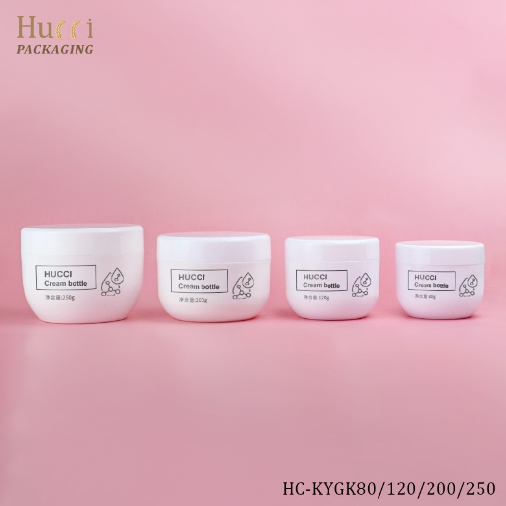 HUCCI 4 Sizes (80g-250g) White PP Cream Jars Side by Side Full Set Pink Background}