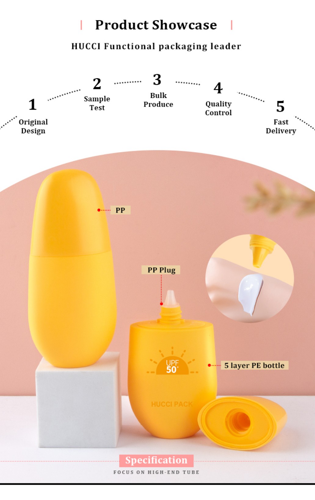 HUCCI Yellow 5-Layer PE Sunscreen Bottle with PP Plug OEM Manufacturing Process Specification with Cream Demo HUCCI Yellow 5-Layer PE Sunscreen Bottle with PP Plug OEM Manufacturing Process Specification with Cream Demo