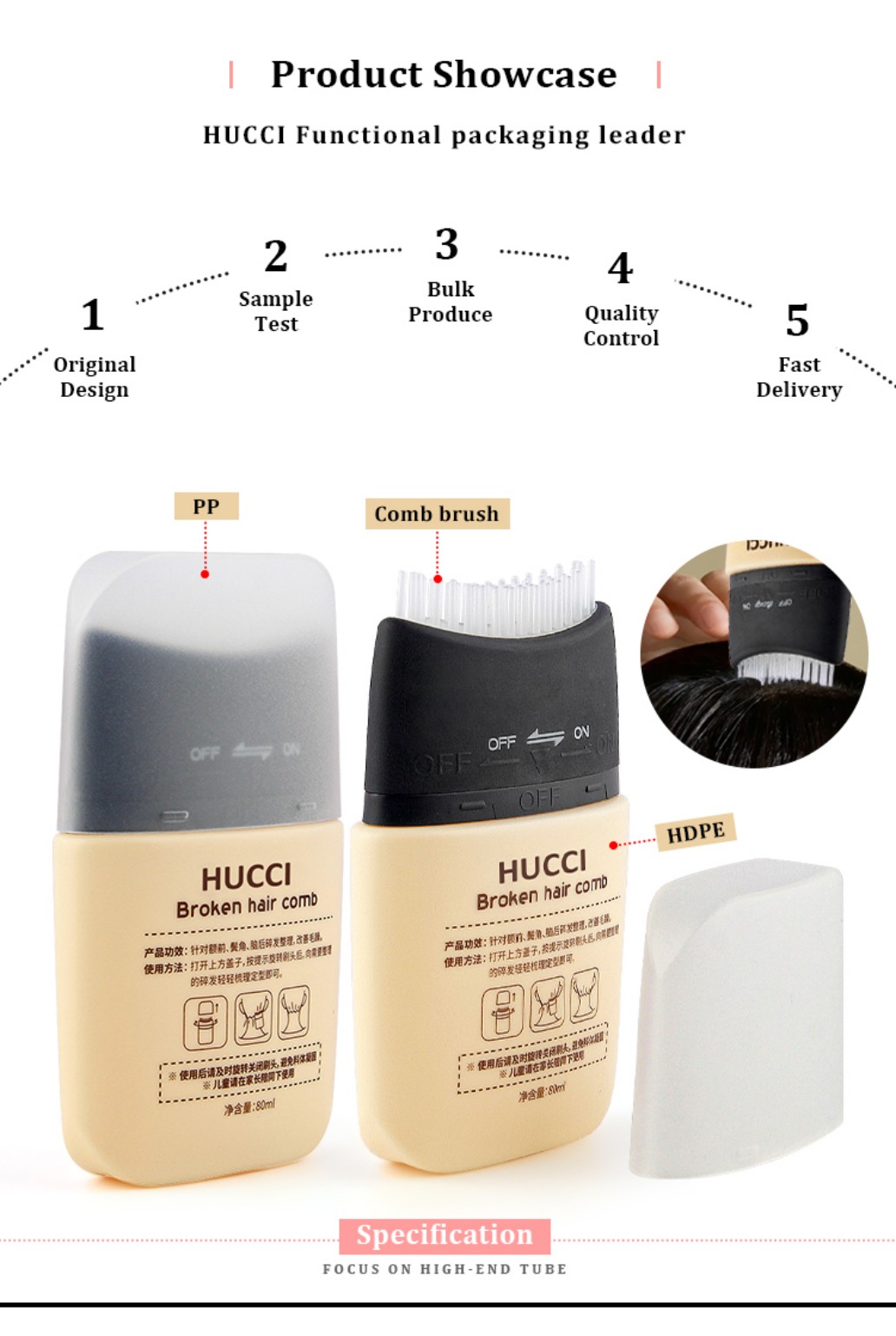 HUCCI 80ml HDPE Broken Hair Finishing Comb Bottle with PP Cap & Comb Nozzle OEM Manufacturing Process with Application Demo