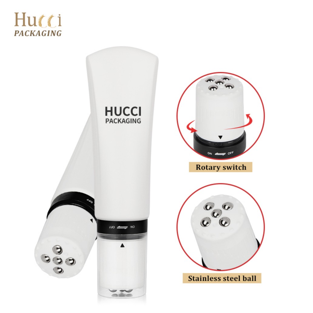 HUCCI 100ml PE Massage Tubes Dual Display with Rotary Switch & Steel Ball Close-up White Background
