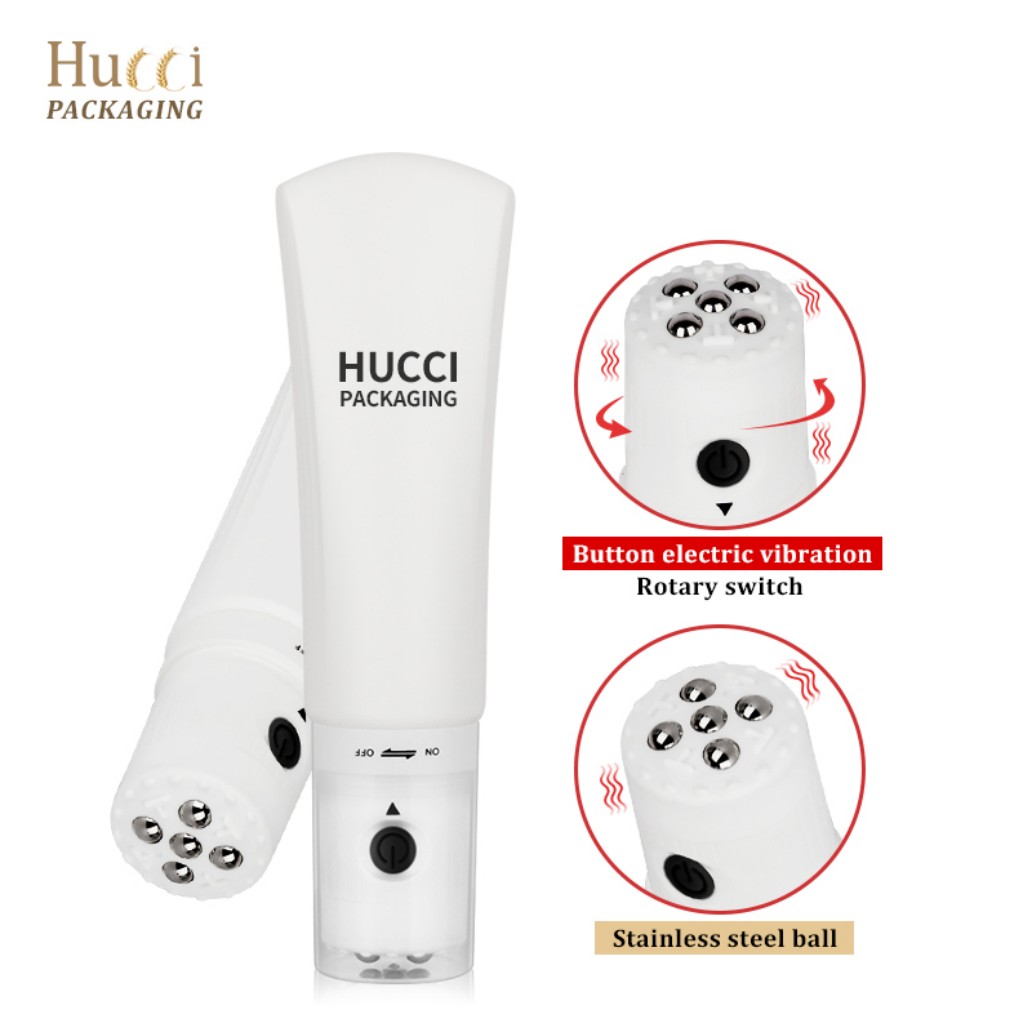 HUCCI 100ml PE Electric Vibration Massage Tubes Dual Display with Rotary Switch & Steel Ball Detail Close-up White Background