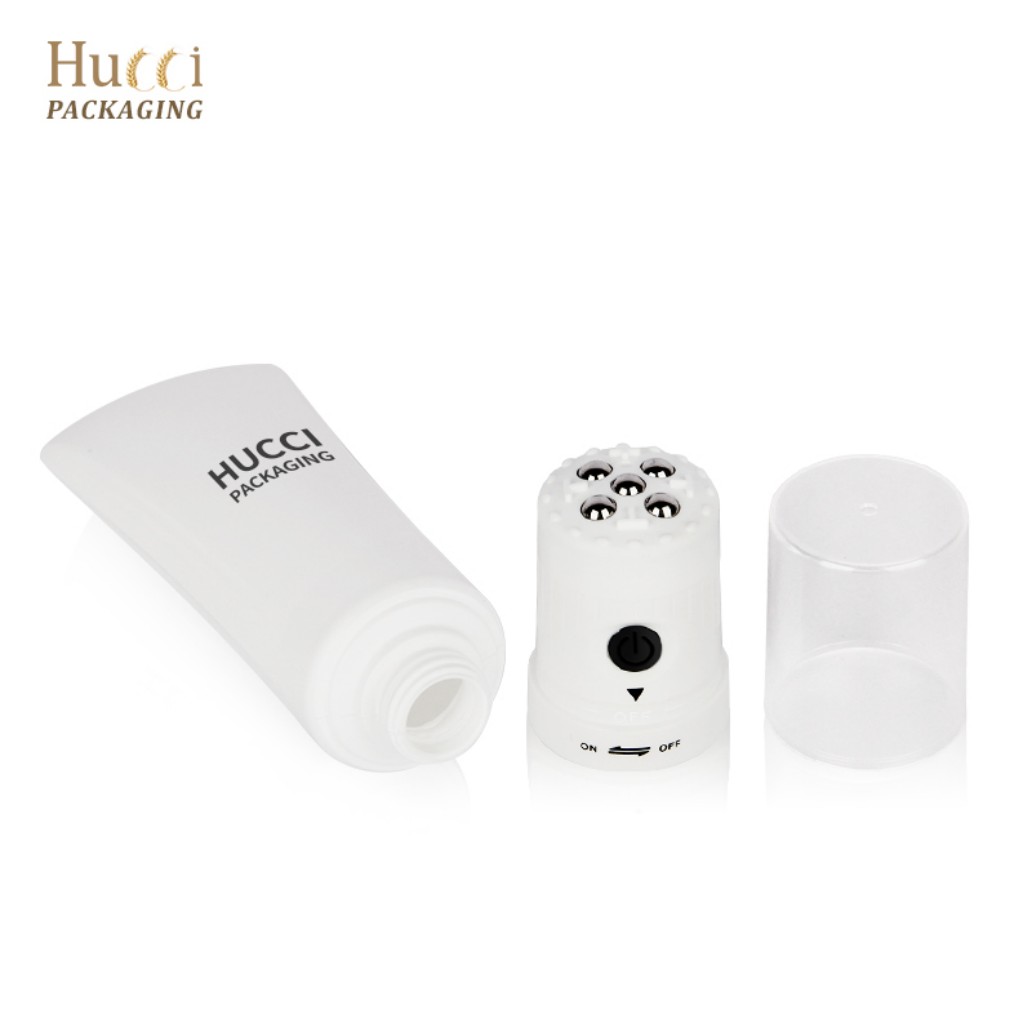 HUCCI 100ml PE Electric Vibration Massage Tube Full Disassembly: Tube Body, Vibration Roller Head & PP Outer Cap White Background}