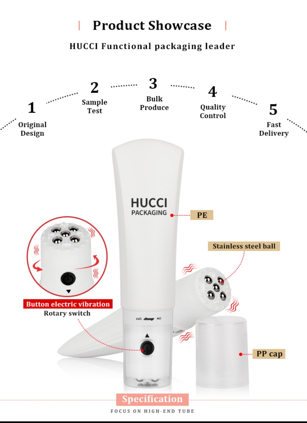HUCCI 100ml PE Electric Vibration Massage Tube with 5 Stainless Steel Balls & PP Cap OEM Manufacturing Process Specification