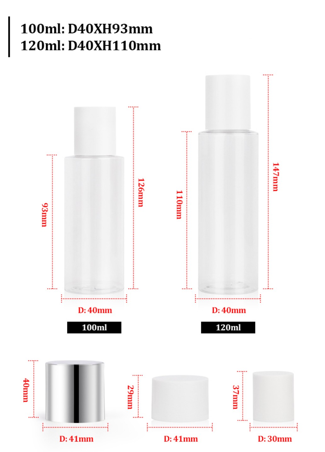100ml & 120ml Clear PET Flat Shoulder Bottles with 3 Cap Types Full Dimension Size Chart 100ml & 120ml Clear PET Flat Shoulder Bottles with 3 Cap Types Full Dimension Size Chart