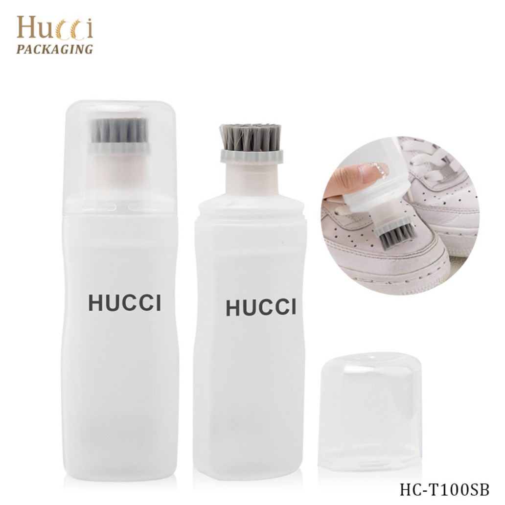 HUCCI 100ml white HDPE brush applicator bottle with clear PE cap and shoe cleaning application