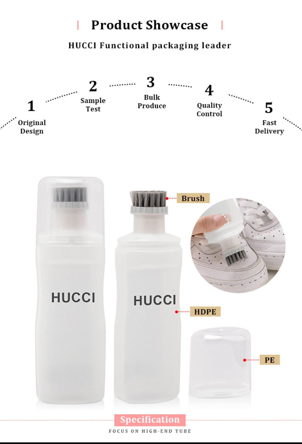 HUCCI 100ml HDPE brush applicator bottle with PE cap and shoe cleaning brush head product showcase HUCCI 100ml HDPE brush applicator bottle with PE cap and shoe cleaning brush head product showcase