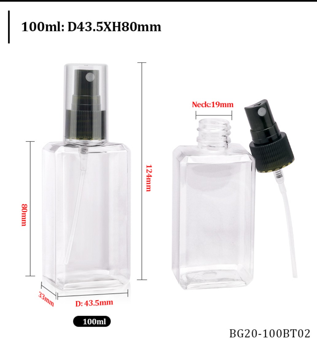 100ml clear PET rectangular spray bottle with black fine mist sprayer, 19mm neck and size dimensions 100ml clear PET rectangular spray bottle with black fine mist sprayer, 19mm neck and size dimensions