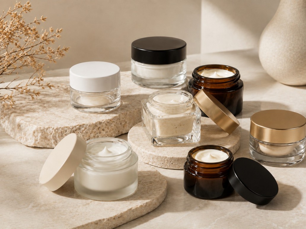 Premium glass cosmetic jars with clear frosted and amber finishes for skincare packaging Premium glass cosmetic jars with clear frosted and amber finishes for skincare packaging