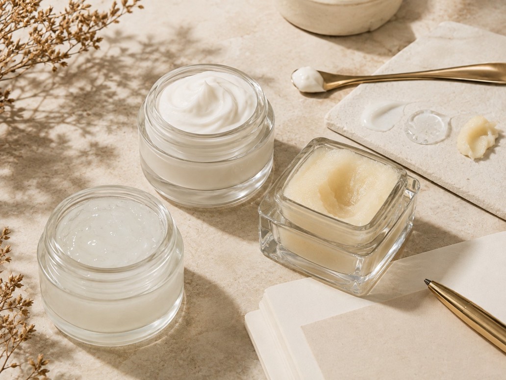 Glass cosmetic jars with cream balm and gel formulas for compatibility evaluation Glass cosmetic jars with cream balm and gel formulas for compatibility evaluation