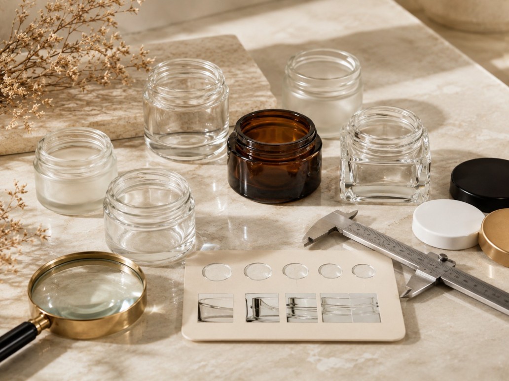 Glass cosmetic jars being inspected for glass quality dimensions and consistency Glass cosmetic jars being inspected for glass quality dimensions and consistency