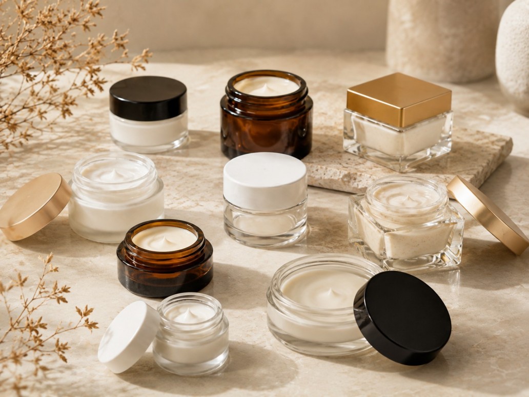 Glass cosmetic jars in different capacities shapes and opening sizes for skincare products Glass cosmetic jars in different capacities shapes and opening sizes for skincare products