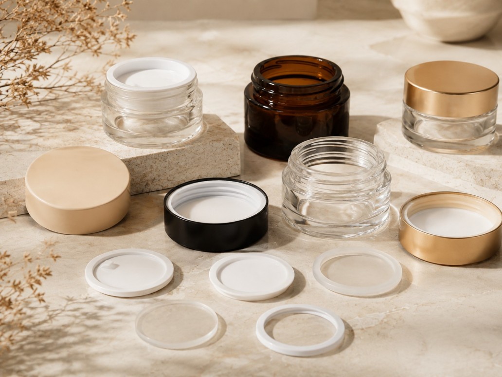 Glass cosmetic jars with caps liners and sealing components for packaging performance checks Glass cosmetic jars with caps liners and sealing components for packaging performance checks