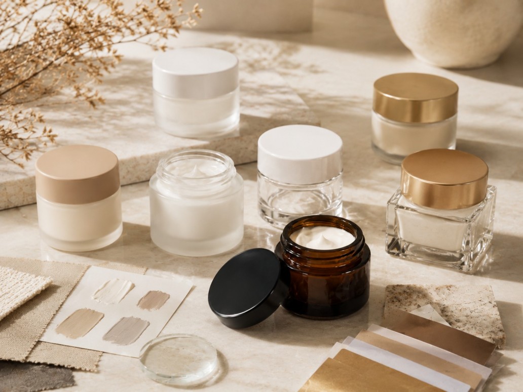 Custom glass cosmetic jars with different colors finishes and decoration options Custom glass cosmetic jars with different colors finishes and decoration options