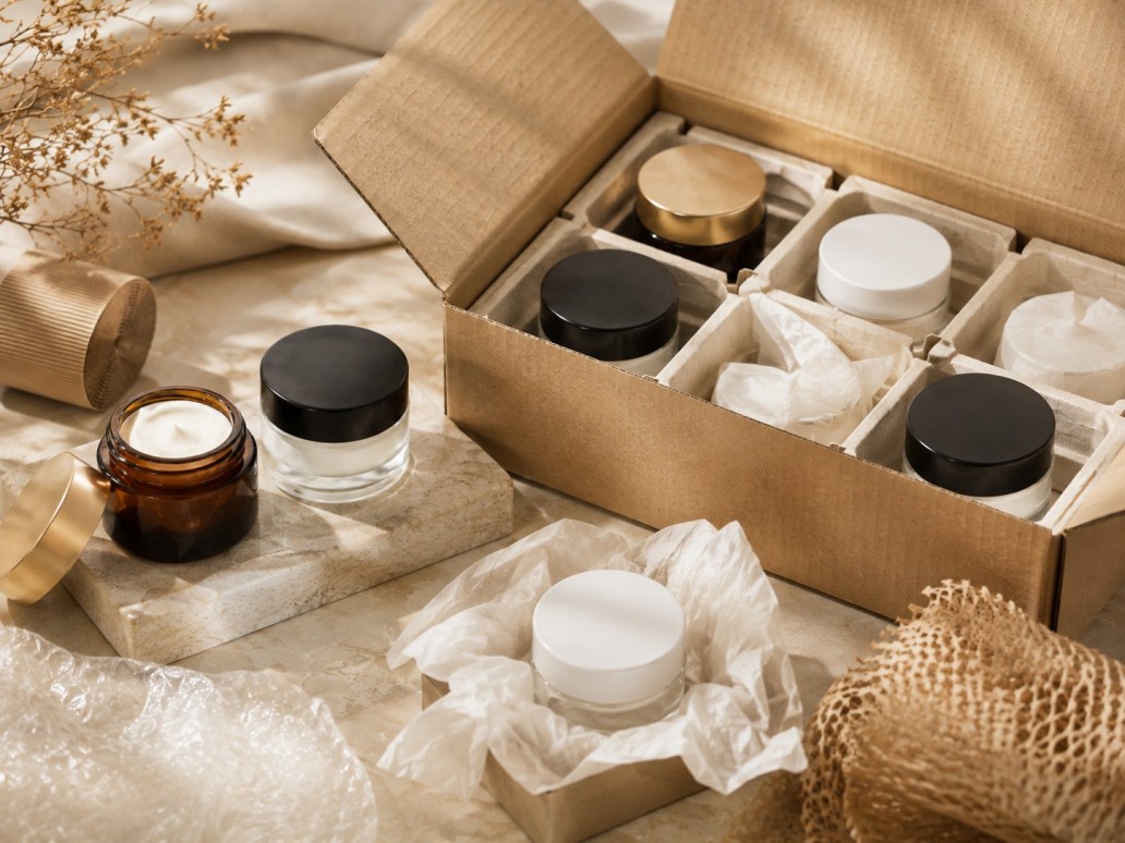 Glass cosmetic jars packed with protective inserts for filling and transport testing Glass cosmetic jars packed with protective inserts for filling and transport testing