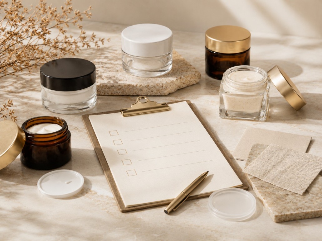 Glass cosmetic jars buying checklist with samples measurement tools and packaging components Glass cosmetic jars buying checklist with samples measurement tools and packaging components
