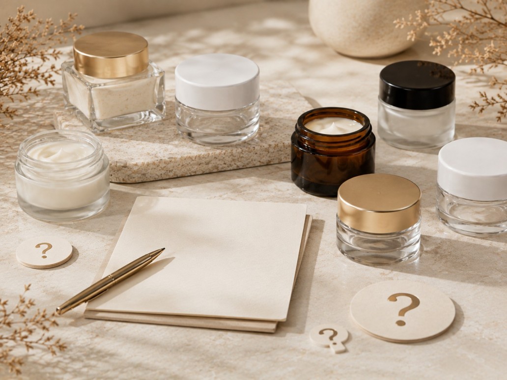 Glass cosmetic jars displayed with common sourcing and packaging questions Glass cosmetic jars displayed with common sourcing and packaging questions