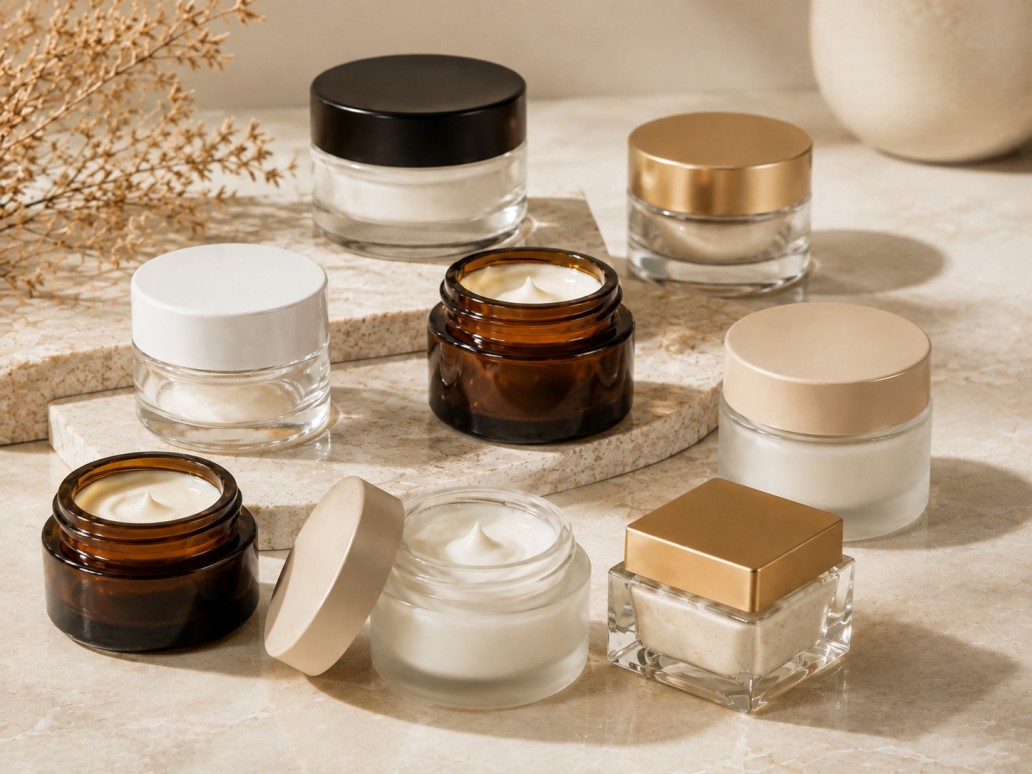 Premium glass cosmetic jars selected for reliable skincare packaging and brand presentation Premium glass cosmetic jars selected for reliable skincare packaging and brand presentation