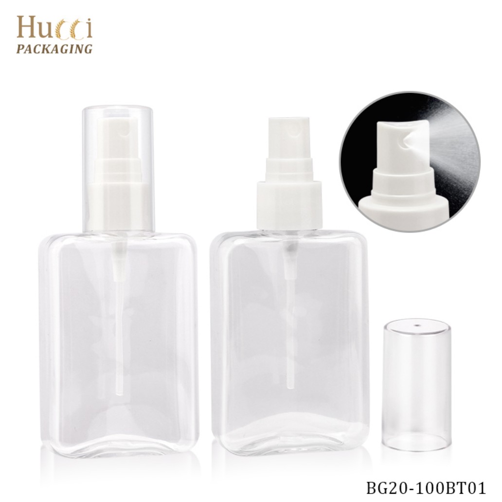 100ml Square Clear PET Spray Bottle with White Mist Pump and Transparent Cap, Fine Mist Atomization, Custom Cosmetic Packaging Wholesale.