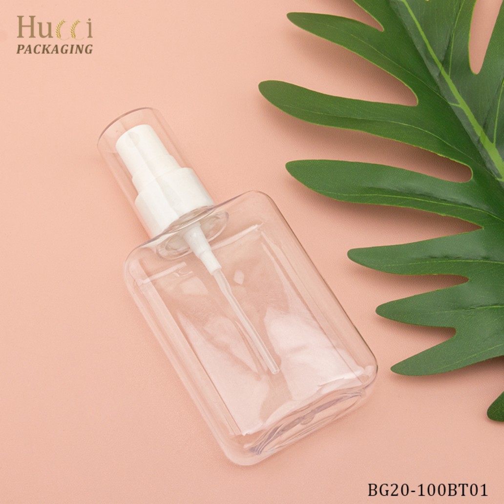 100ml Square PET Spray Bottle with Detachable White Mist Pump and Clear Overcap, Showcasing Components for Custom OEM Packaging.}