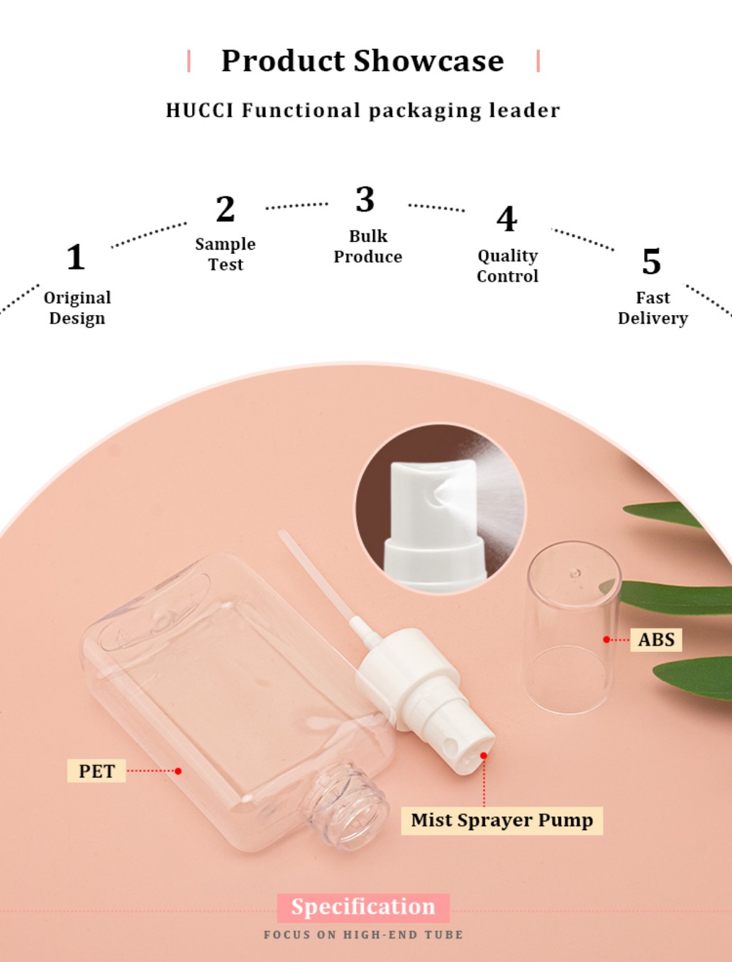 HUCCI Custom Packaging Process for 100ml PET Spray Bottle, Featuring ABS Mist Pump and PET Body, OEM/ODM Wholesale Service. HUCCI Custom Packaging Process for 100ml PET Spray Bottle, Featuring ABS Mist Pump and PET Body, OEM/ODM Wholesale Service.