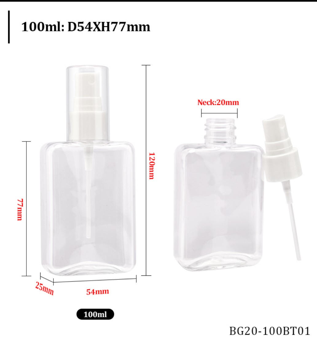 100ml Square PET Spray Bottle Dimension Chart (D54xH77mm, Neck 20mm) for Wholesale and Custom Manufacturing. 100ml Square PET Spray Bottle Dimension Chart (D54xH77mm, Neck 20mm) for Wholesale and Custom Manufacturing.