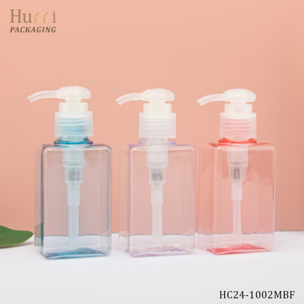 Three 100ml Square PETG Lotion Pump Bottles in Blue, Purple, and Pink for Custom Logo Printing Wholesale.