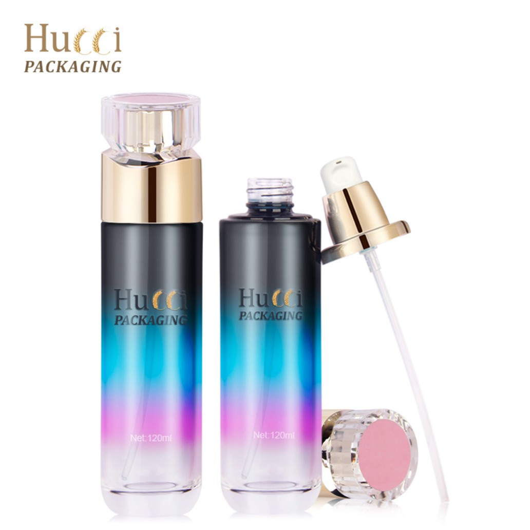 120ml Empty Gradient Glass Bottle with Gold Lotion Pump and Detachable Acrylic Cap, Showing Components for Custom OEM Packaging.}