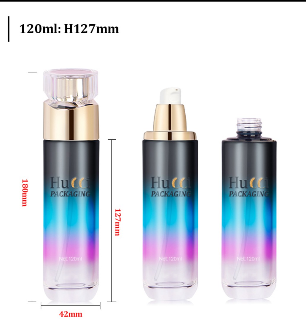 120ml Gradient Glass Lotion Bottle Dimension Chart (D42xH127mm) with Gold Pump and Acrylic Cap for Custom Wholesale Packaging. 120ml Gradient Glass Lotion Bottle Dimension Chart (D42xH127mm) with Gold Pump and Acrylic Cap for Custom Wholesale Packaging.