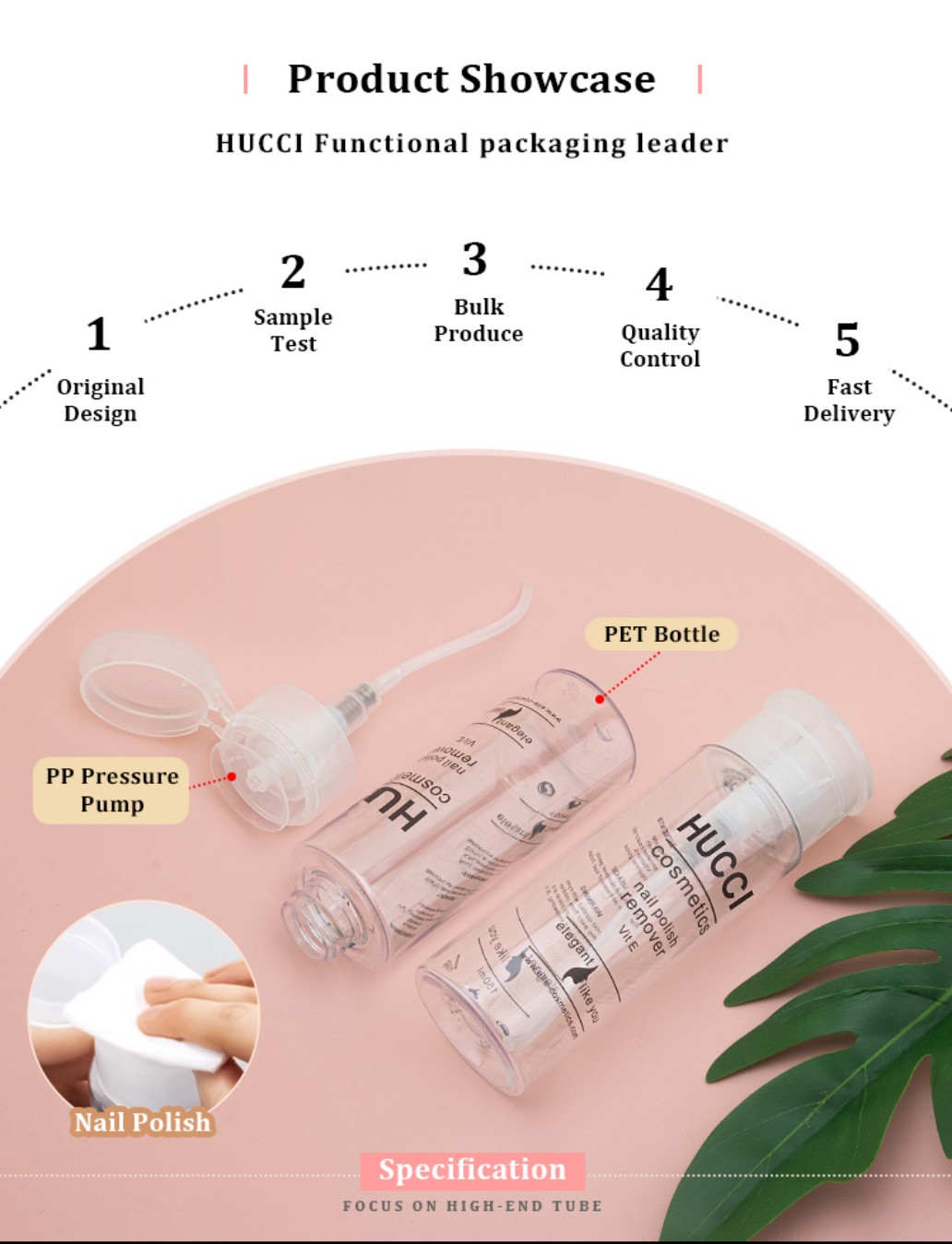 HUCCI 150ml Clear PET Nail Polish Remover Bottle Product Showcase with PP Pressure Pump, Highlighting Custom OEM/ODM Wholesale Services. HUCCI 150ml Clear PET Nail Polish Remover Bottle Product Showcase with PP Pressure Pump, Highlighting Custom OEM/ODM Wholesale Services.