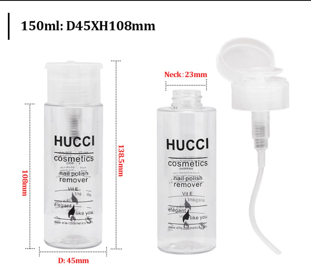 150ml Clear PET Nail Polish Remover Bottle Dimension Chart (D45xH108mm, Neck 23mm) for Custom Wholesale Orders. 150ml Clear PET Nail Polish Remover Bottle Dimension Chart (D45xH108mm, Neck 23mm) for Custom Wholesale Orders.