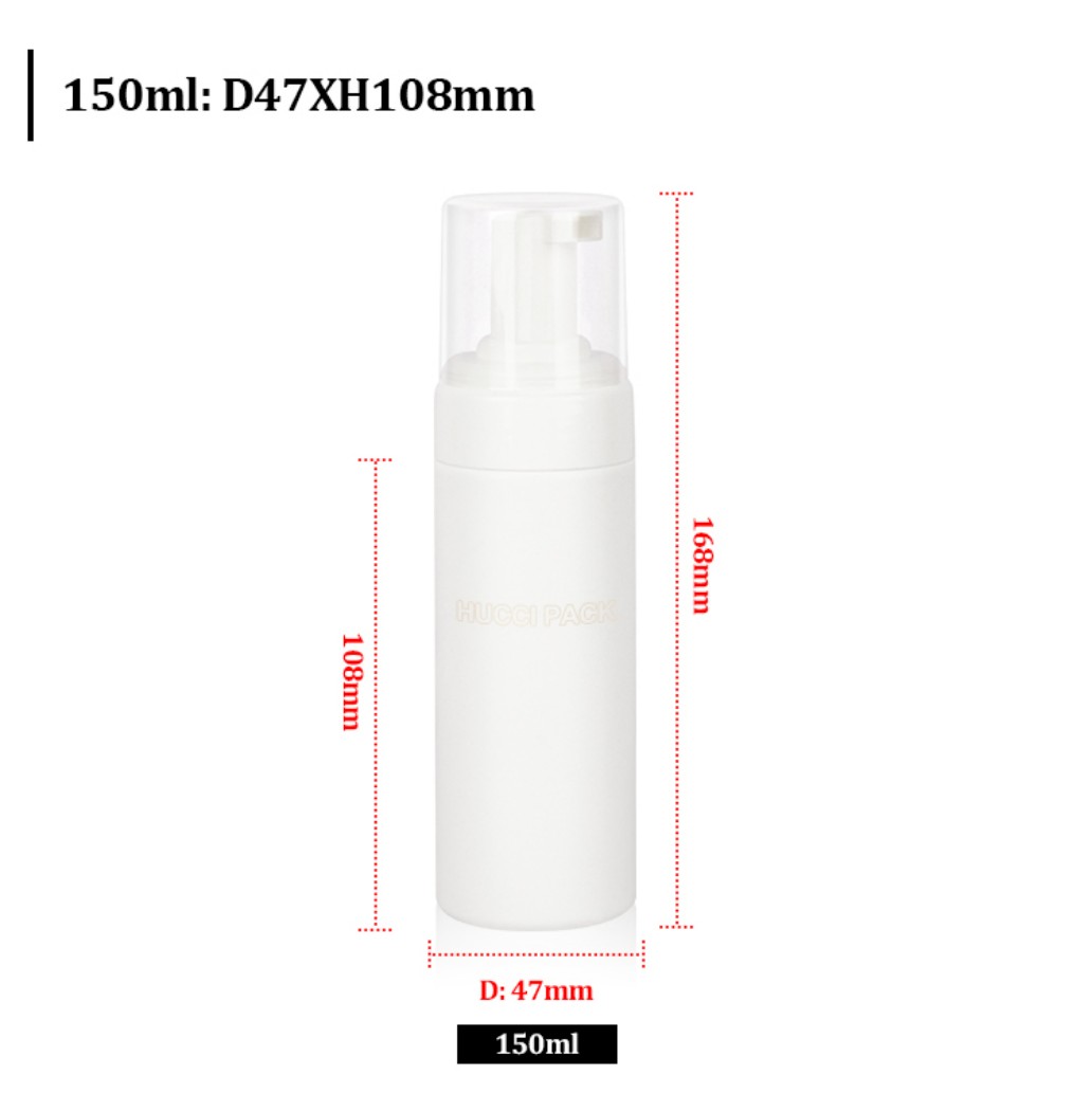 150ml White PE Foam Pump Bottle Dimension Chart (D47xH108mm) for Custom Wholesale Orders.
