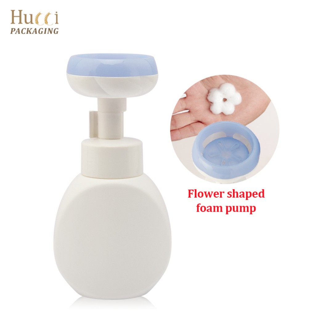 250ml White HDPE Foam Bottle Showing Flower Shaped Foam Output, Custom Printing Wholesale Packaging.