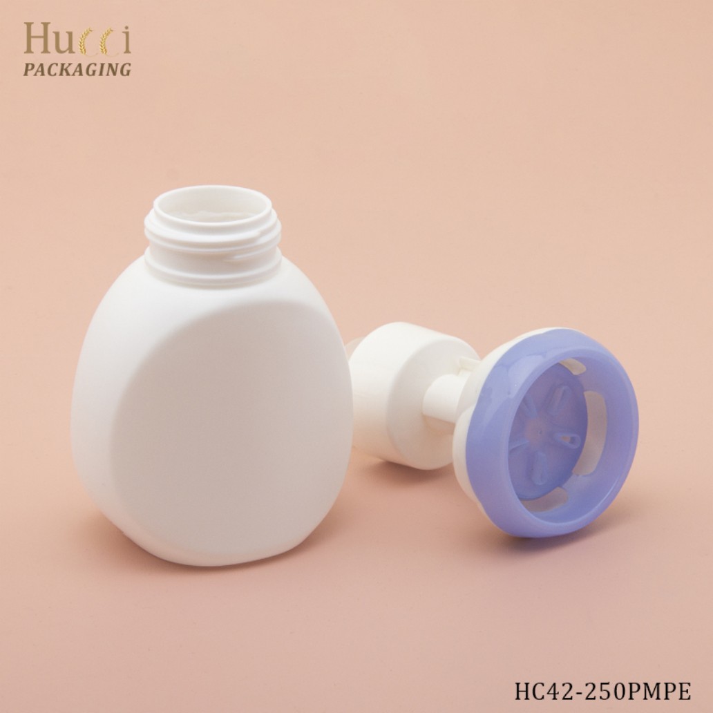 250ml White HDPE Foam Pump Bottle with Blue Flower Pump Head, OEM Custom Wholesale Packaging.}