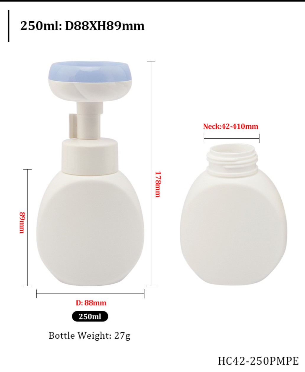 250ml White HDPE Foam Pump Bottle Dimension Chart (D88xH89mm) with Flower Shaped Pump for Custom Wholesale.