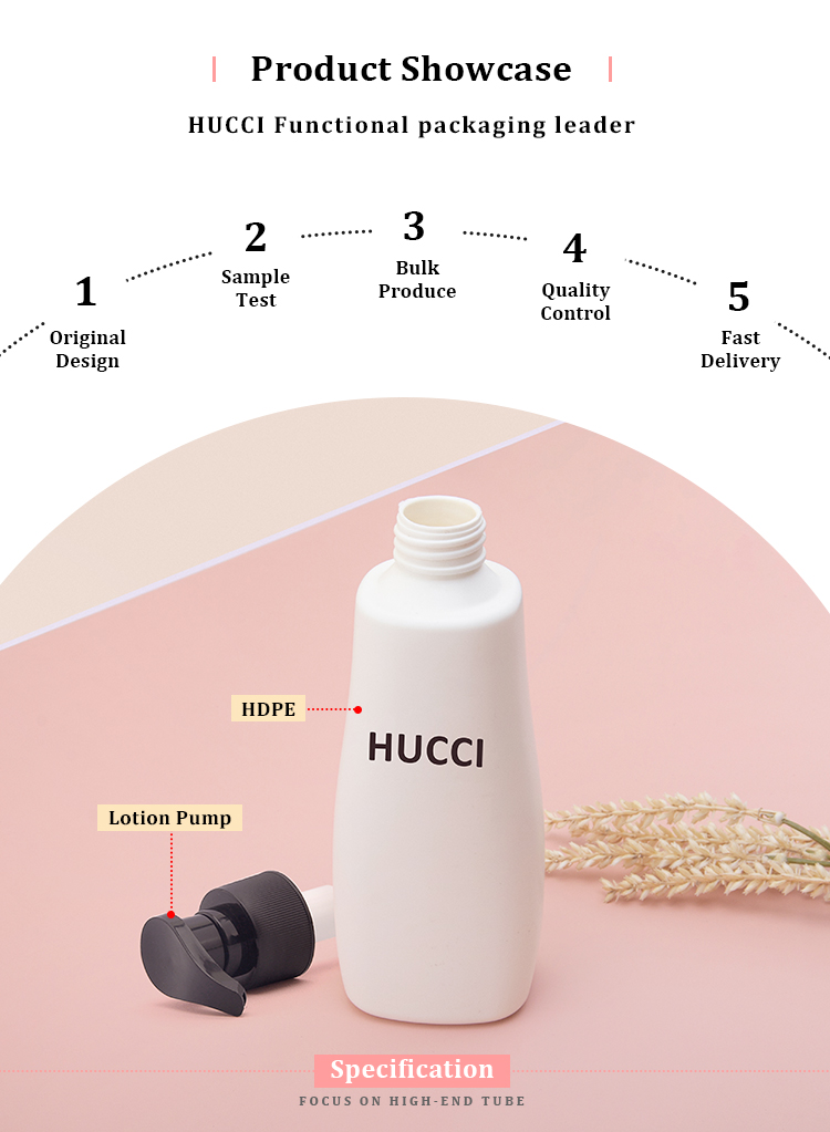 HUCCI 300ml White HDPE Lotion Bottle Product Showcase with Lotion Pump, Highlighting Custom OEM/ODM Wholesale Services. HUCCI 300ml White HDPE Lotion Bottle Product Showcase with Lotion Pump, Highlighting Custom OEM/ODM Wholesale Services.