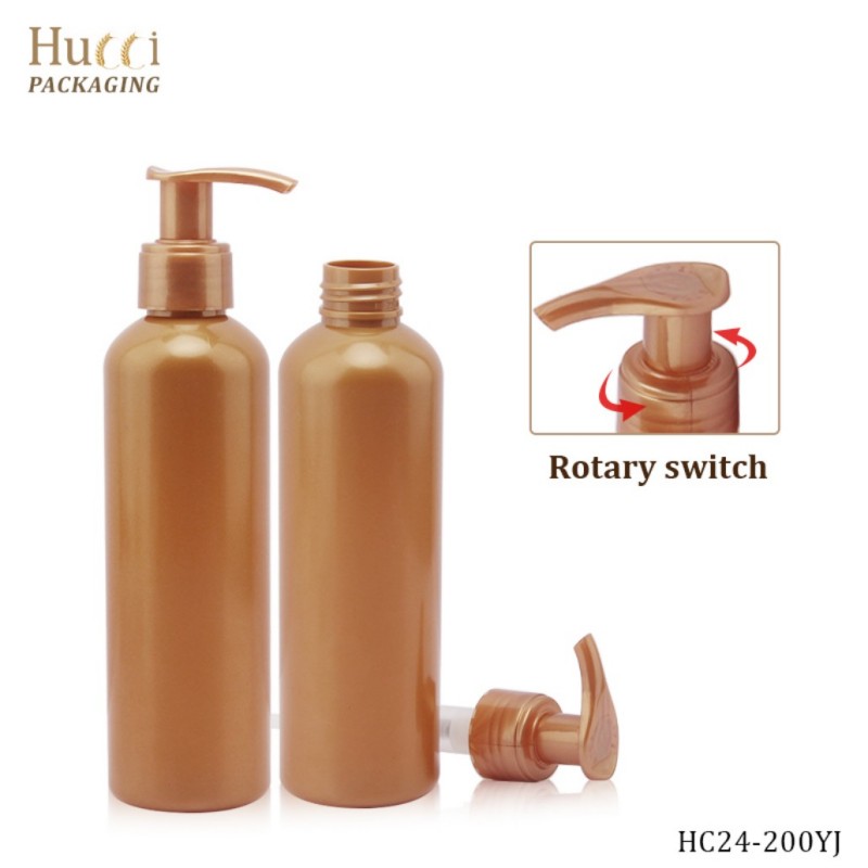 200ml Gold PET Pump Bottle with Rotary Switch Lotion Pump, Custom Logo Printing Wholesale Packaging.