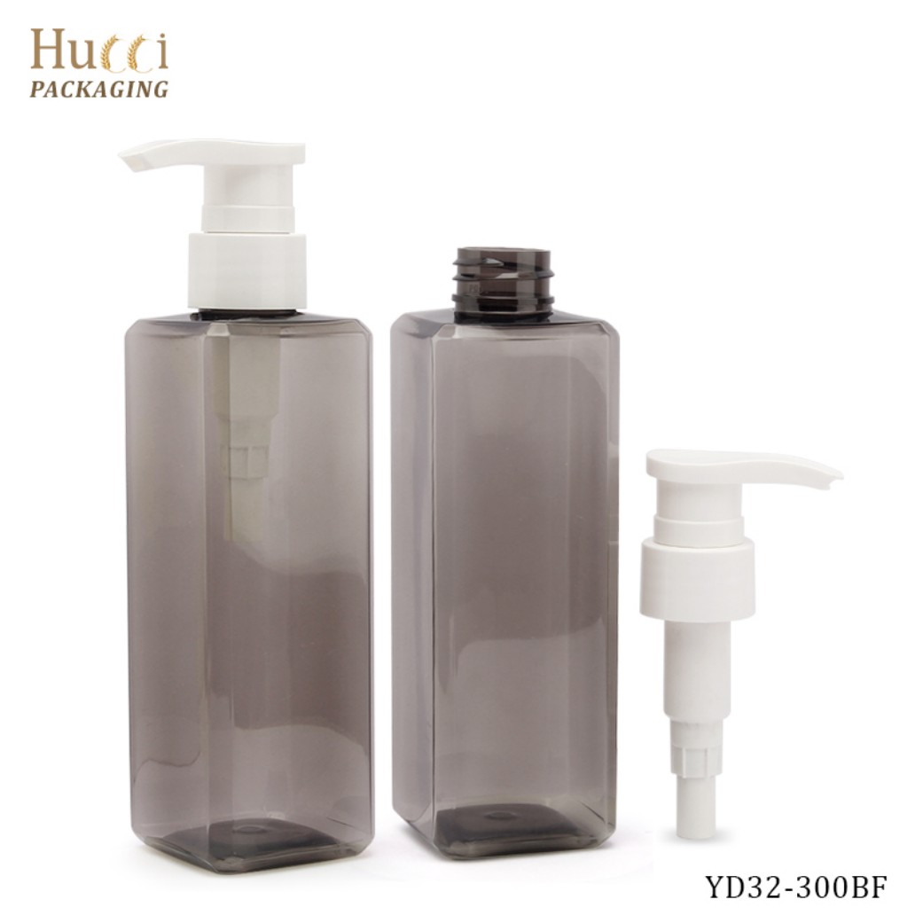 300ml Translucent Grey PET Bottle with Detachable White Lotion Pump for Custom OEM Wholesale.