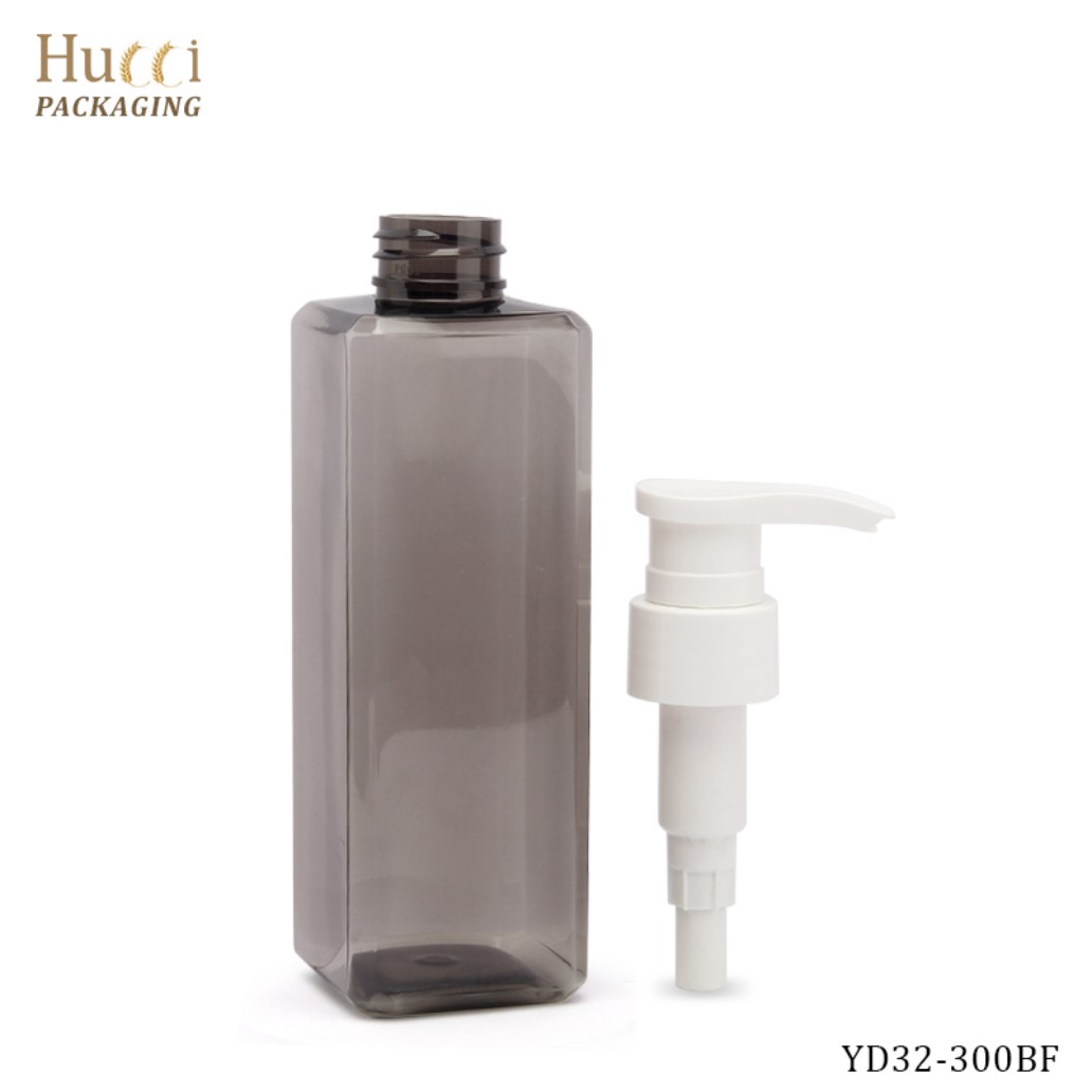 300ml Square Smoky Grey PET Lotion Pump Bottle with White Pump, Custom Logo Wholesale Packaging.}