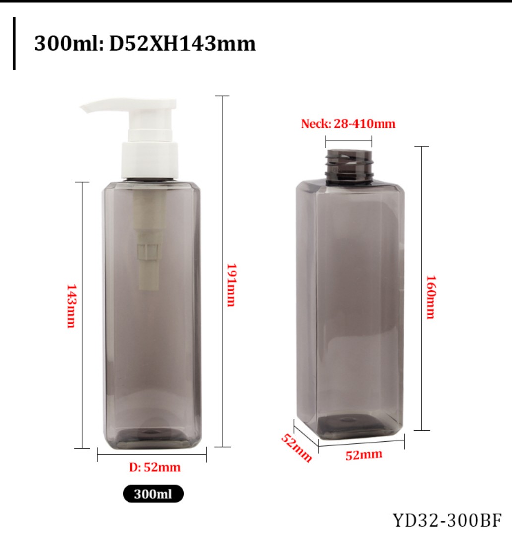 300ml Square Grey PET Lotion Bottle Dimension Chart (D52xH143mm) for Custom Wholesale Orders. 300ml Square Grey PET Lotion Bottle Dimension Chart (D52xH143mm) for Custom Wholesale Orders.