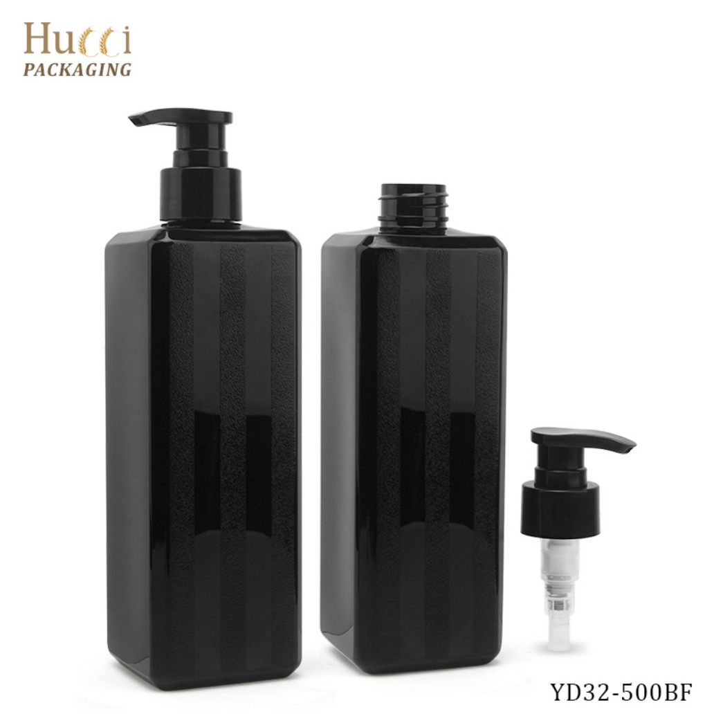 500ml Black Square PET Lotion Pump Bottle with Black Pump Head, Custom Logo Wholesale Packaging.
